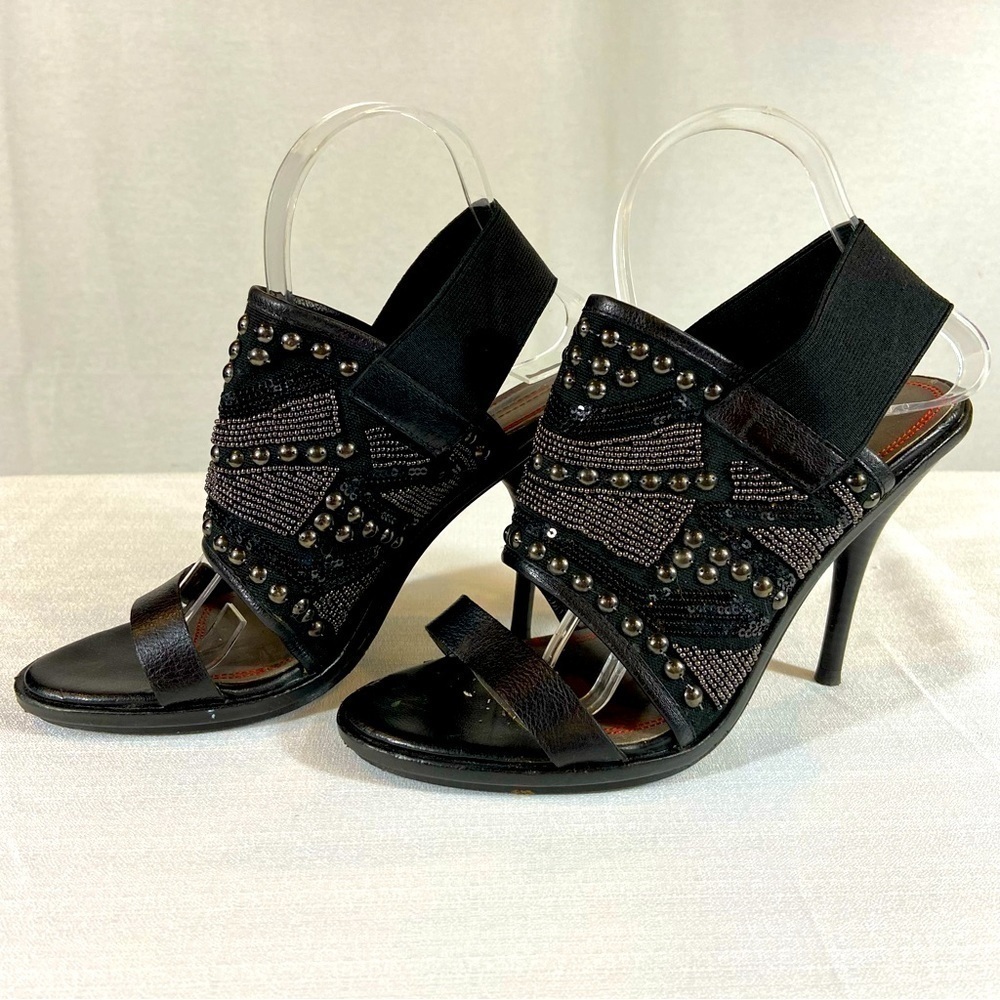 Miss Sixty Sade Stiletto Heels Black Leather Studs Jeweled Slingback Size 38